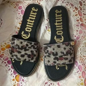 JUICY COUTURE BLINGY GOLD SILVER LEOPARD PRINT SLIDES FLIP FLOP SIZE 6